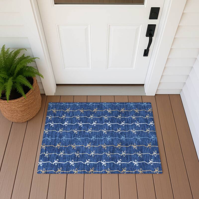 Machine Washable Indoor/ Outdoor Modern Bow Stripe Chantille Rug - Navy - 1'8" x 2'6"