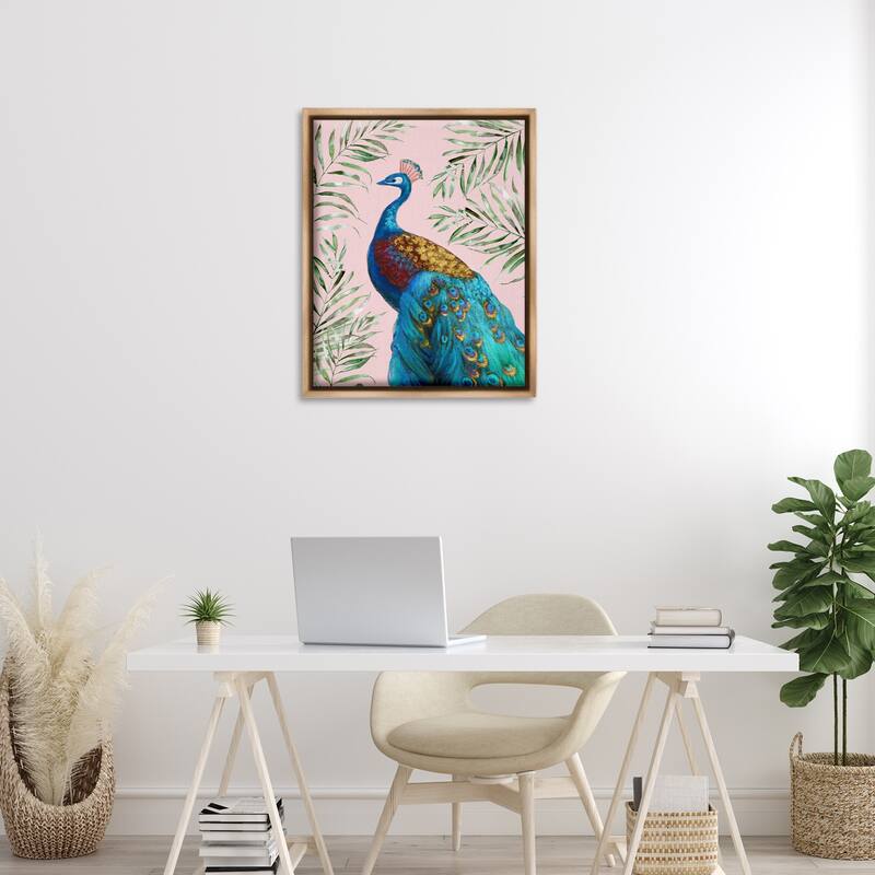 Stupell Elegant Peacock & Palm Sprigs Framed Floater Canvas Wall Art Design By Nan