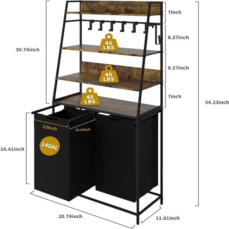 4 Tiers Laundry Hamper with Shelf and Hooks - 29.5 x 11.8 x 61.8 