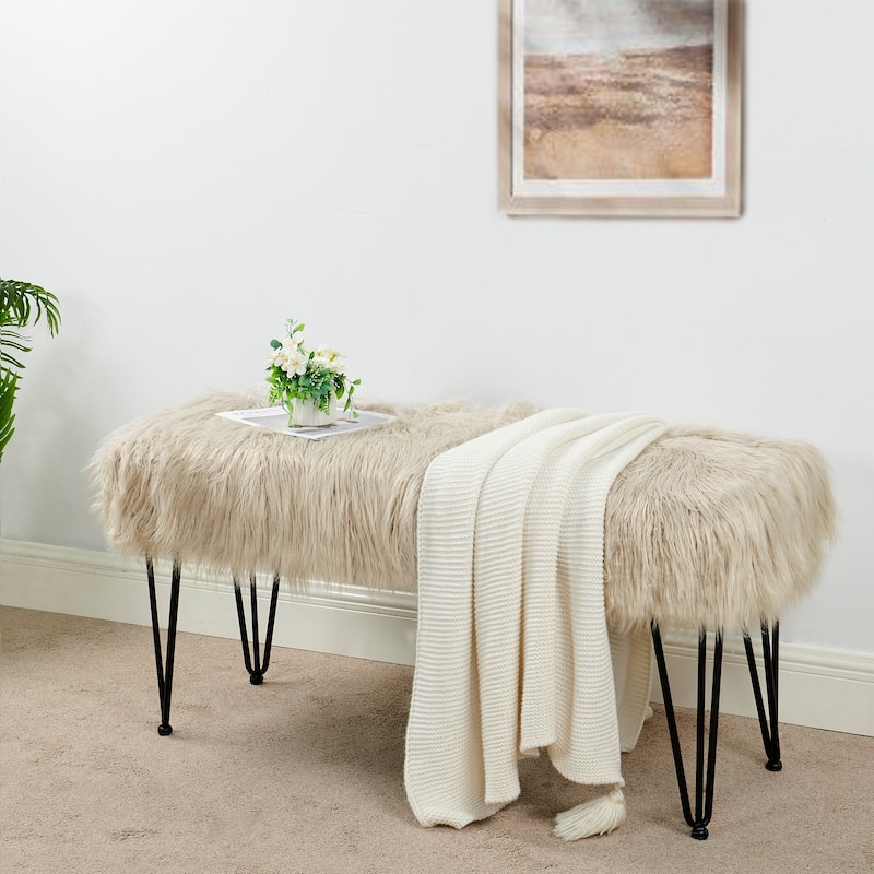 Mongolian Fauxfur Ottoman - 46" x 16" x 22" - Oatmeal