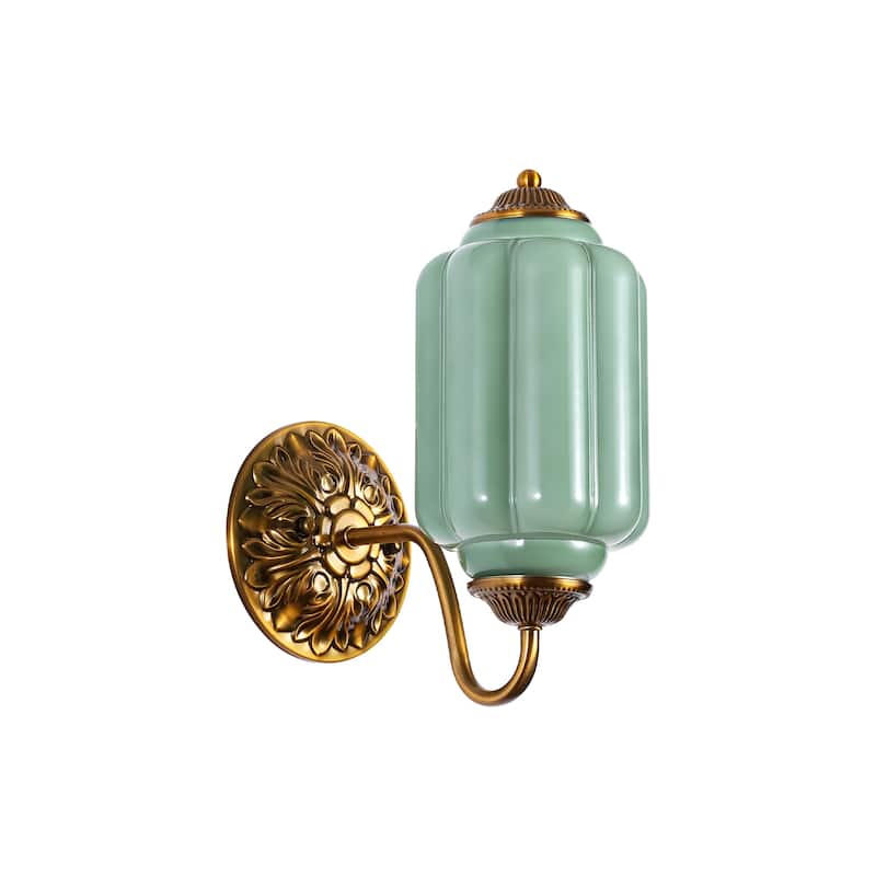 1-Light Vintage Aged Antique Brass Finish Lantern Shaped Wall Light with Milk/Green Glass for Bedroom, Hallways