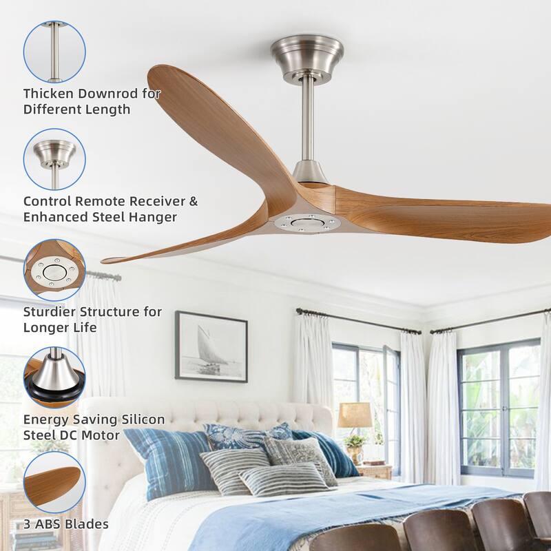 60" Smart Nickel Wood Ceiling Fan without Light, App/Remote Control