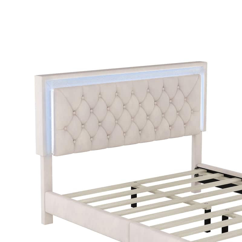 Modern Upholstered Bed Frame with LED Lights and Tufted Headboard