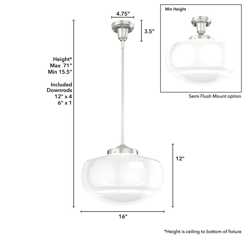 Hunter 16" Saddle Creek 1 Light Pendant / Semi-Flush Mount Ceiling Light - Entry, Kitchen Island, Dining Room - Schoolhouse