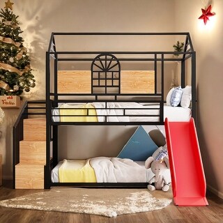 Modern Twin Over Twin Bunk Bed House Bed with Slide and Storage Stair,Solid Construction for Bedroom