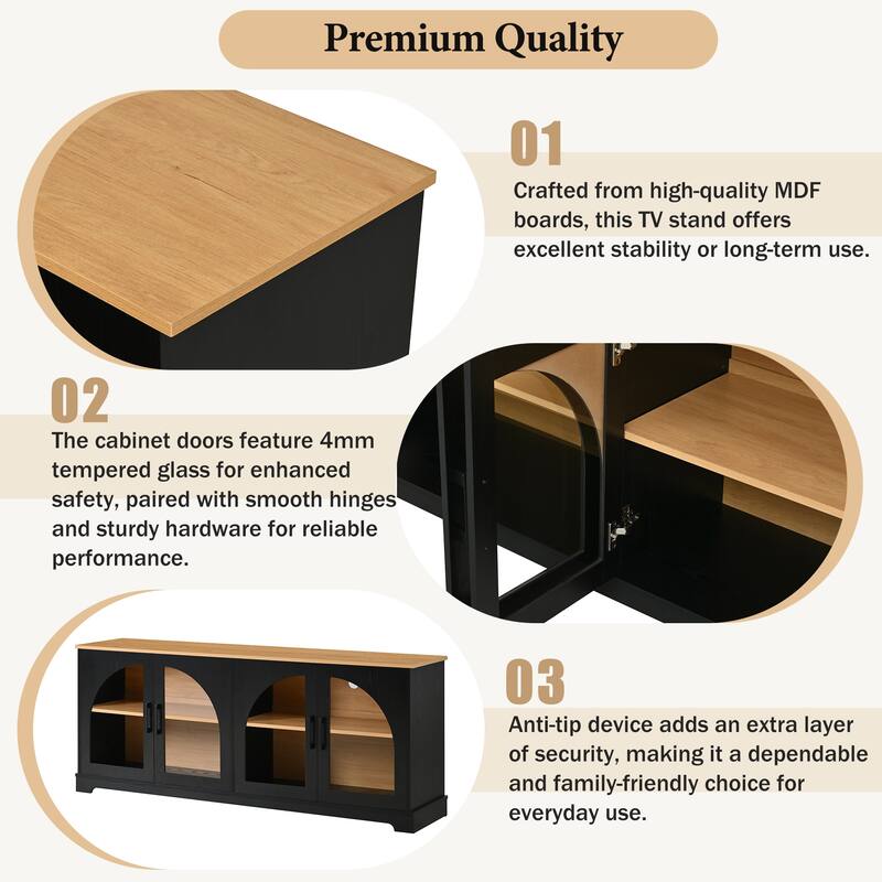 Farmhouse TV Stand for TVs up to 70" with Semi-Arched Glass Doors, Two-Tone Media Console with Adjustable Shelves