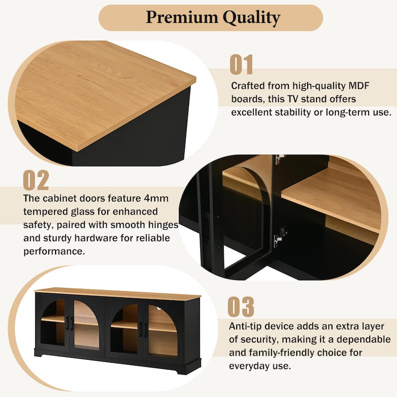 Farmhouse TV Stand with Semi-Arched Glass Doors for TVs Up to 70",Adjustable Shelves,Wood Grain Sideboard with Cable Management