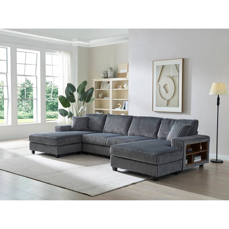 Modular Sectional Sofa with Dual Chaise Lounges, Corduroy Cloud Sofa with Armrest Storage Rack, Convertible 4-Seat Sleeper Sofa