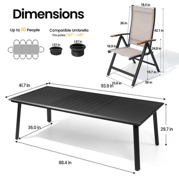 dimension image slide 5 of 6, 9/11/13-Piece Outdoor Patio Dining Set All-Weather Aluminum Dining Table with Umbrella Hole and Adjustable Folding Chairs