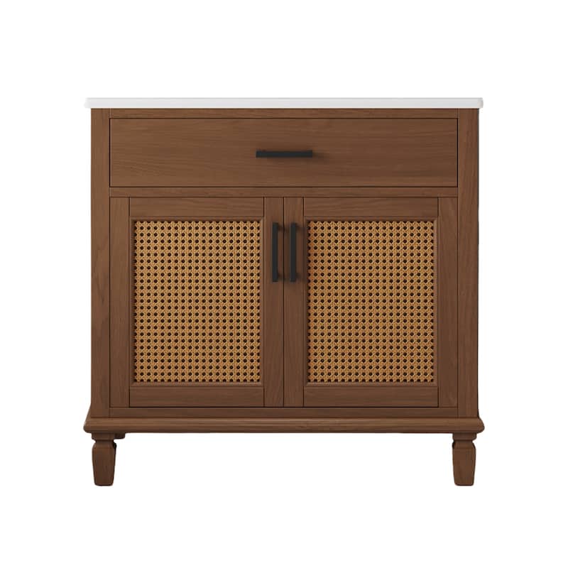 36" Rattan Bathroom Vanity with Ceramic Sink - Brown
