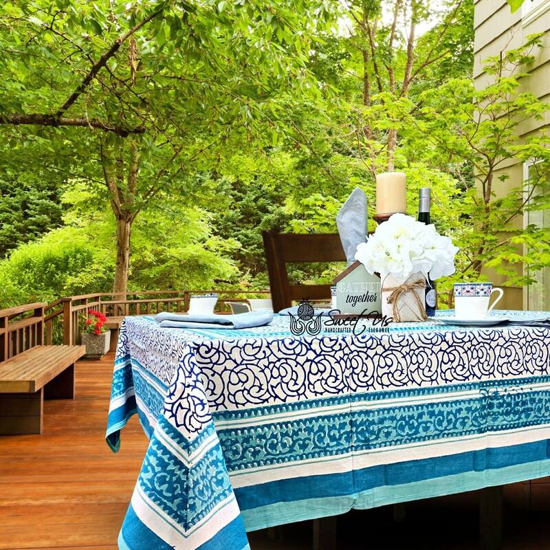 Cotton Floral Garden Tablecloth Rectangle - 60 x 90 in - Blue