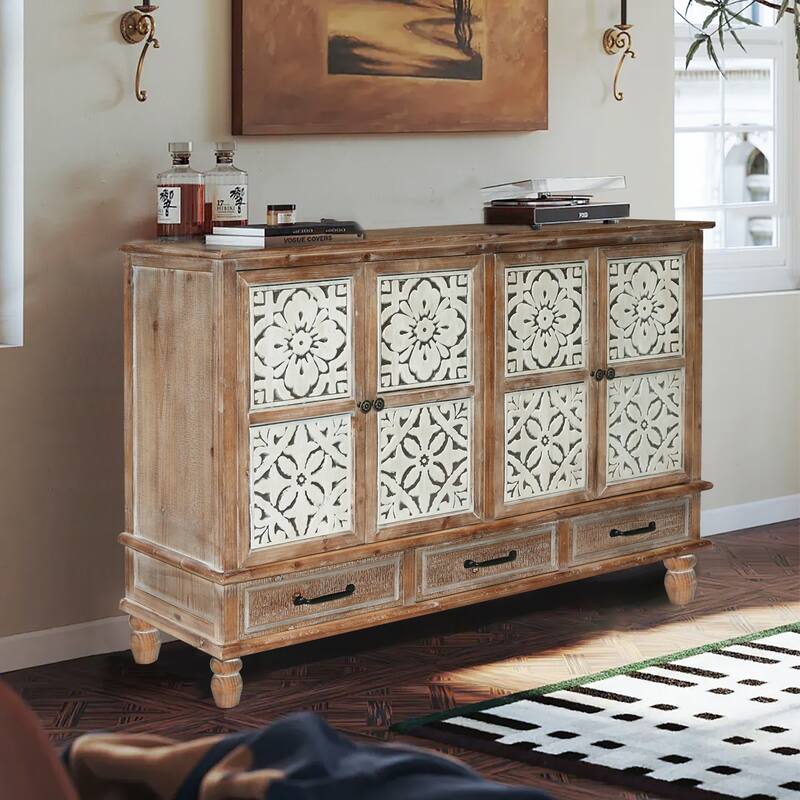 Rustic Accent Storage Cabinet with 3 Drawers & Adjustable Shelves, 4 Doors Sideboard Entryway Cabinet for Living Room Hallway