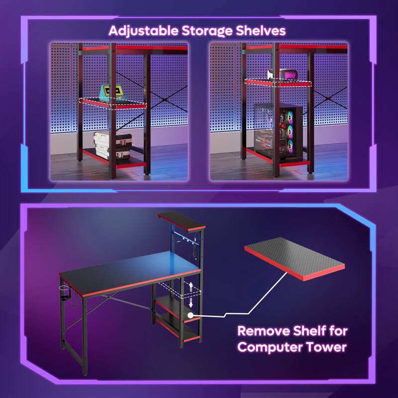 Bestier 44 in. Rectangular Gaming Desk with 4 Tier Storage Shelves Computer Desk with RGB LED Lights
