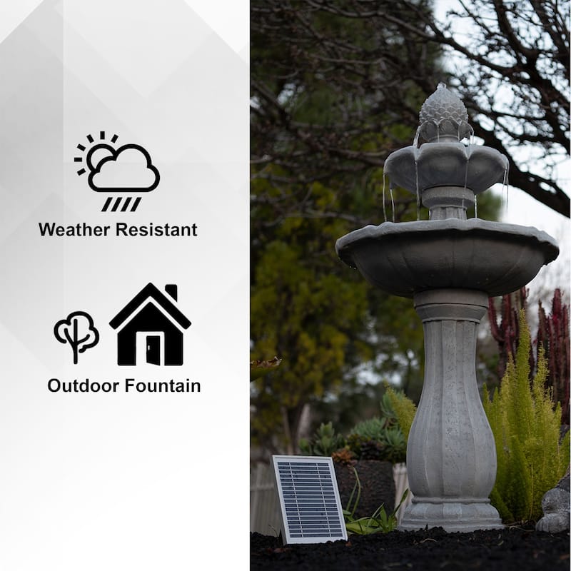 XBrand 44" H Fiberglass/Resin 2-Tier Solar Water Fountain w/ Solar Panel and Auto-Shut Off Pump, Solar Garden Fountain
