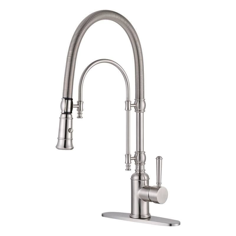 WOWOW Single Handle Gooseneck Pull Down Sprayer Kitchen Faucet - Without Soap Dispenser - Brushed Nickel
