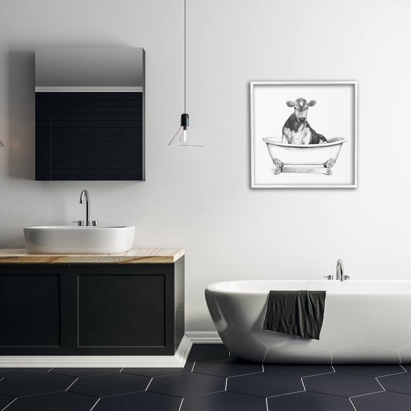 Stupell Cow in Claw Tub Minimal Farm Animal Sketch Framed Wall Art,12x12 - White