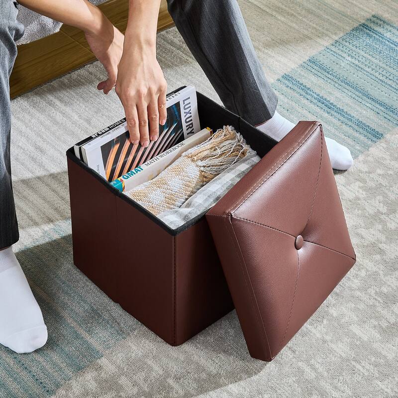 2 PC Storage Folding Ottoman, Storage Footrest Stool, Faux Leather Storage Bench Cube with Padded Seat for Small Space