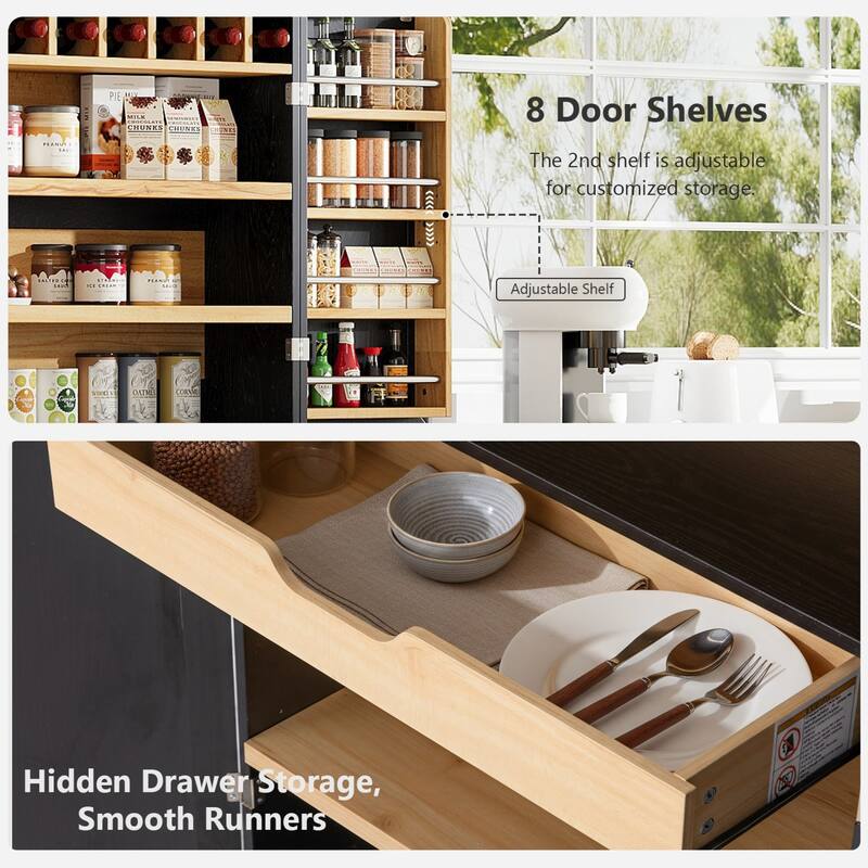 Roomfitters 78" Tall Farmhouse Kitchen Pantry Cabinet with 8 Door Shelves, Wine Rack & Hidden Drawer