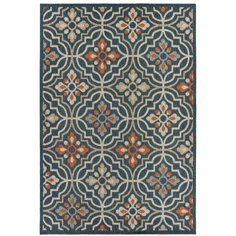 Lancaster Blue Orange Floral Outdoor Casual Area Rug