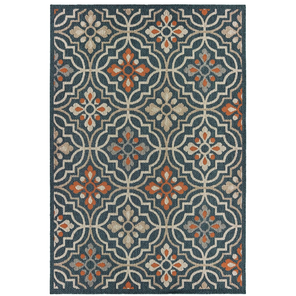 Lancaster Blue Orange Floral Outdoor Casual Area Rug