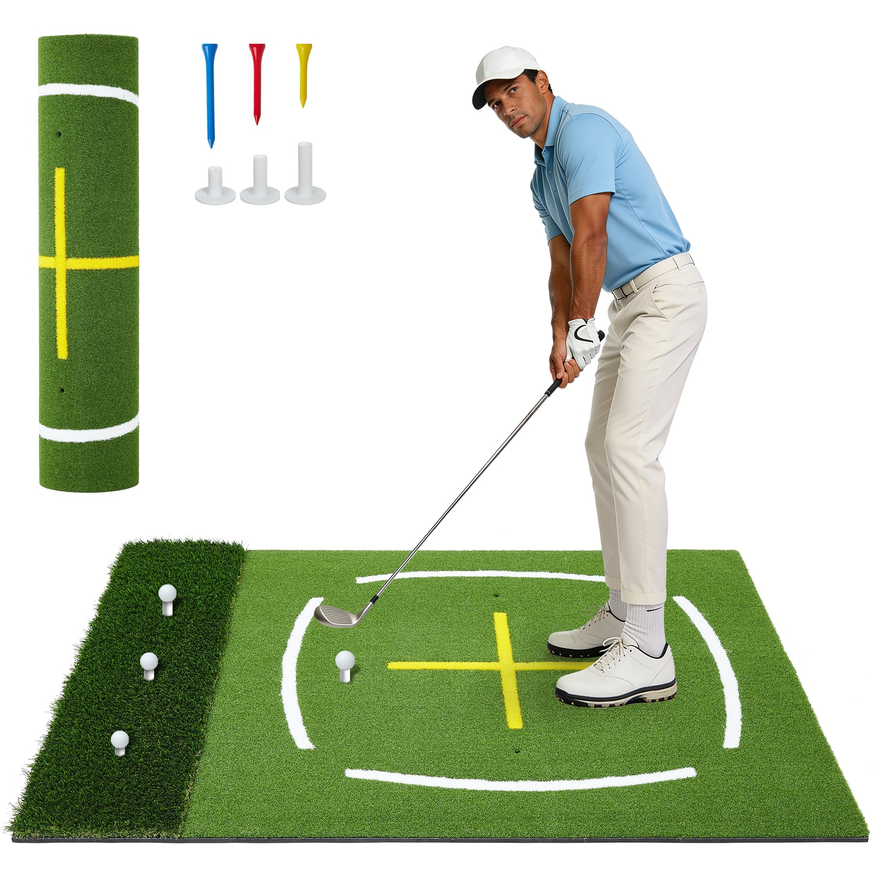 Dual Turf Golf Mat 5x4FT, Indoor/Outdoor Hitting Practice Mat with Swing Path & Stance Lines, Foldable Training Turf