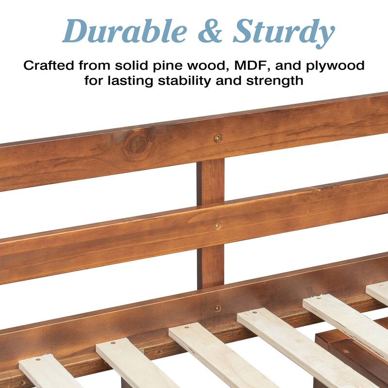 Full Size Loft Wood Bed with Desk, Book shelves and Wardrobe with Doors and Drawer, Built-in Staircase with Storage Shelves