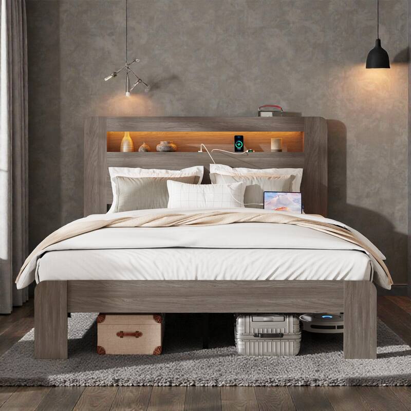 Queen Size Wood Platform Bed Frame with Storage Headboard, LED Light, 2 USB Ports, No Box Spring Needed