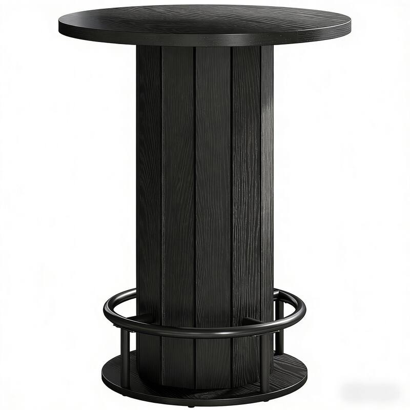 Round Bar Table with Fence-Style Base, Wood Cocktail Table Pub Table with Footrest, Coffee Table Kitchen Dining Table