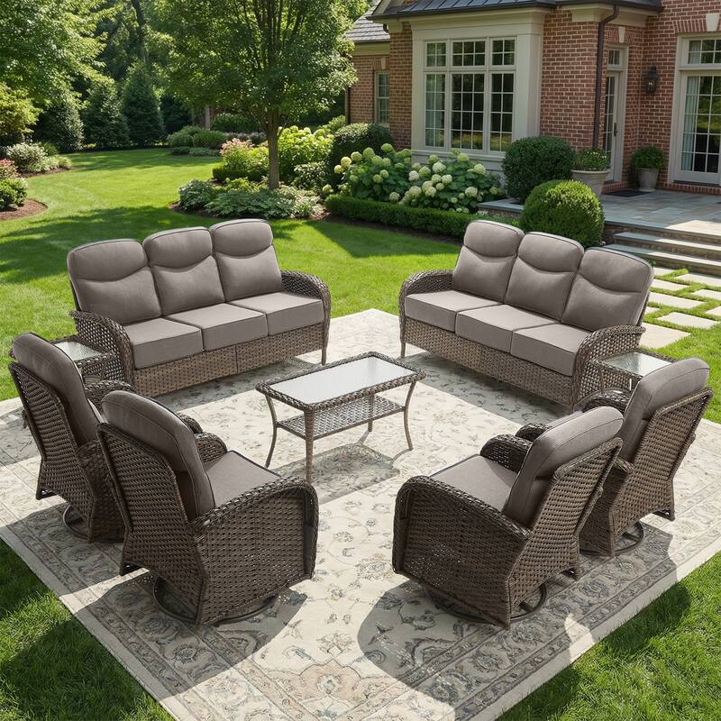 Pocassy Patio 3-Seat Sofa Swivel Chair Table with Ottoman - Brown Wicker Gray Cushion - 9-Piece Sofa Swivel Chair with Coffee Table