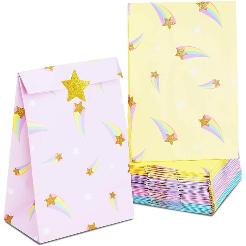 Blue Panda Rainbow Birthday Party Favor Gift Bags with Gold Foil Stickers (8.5 In, 24 Pack)