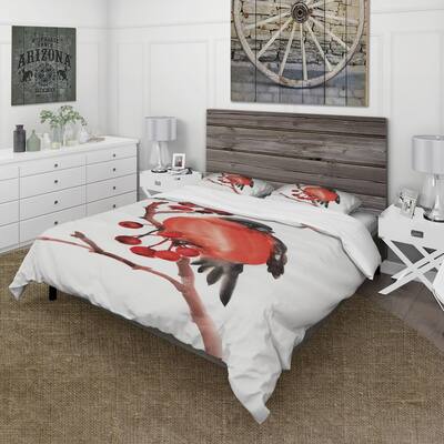 Designart 'Red Bullfinch Bird On A Branch With Berries' Traditional Duvet Cover Set