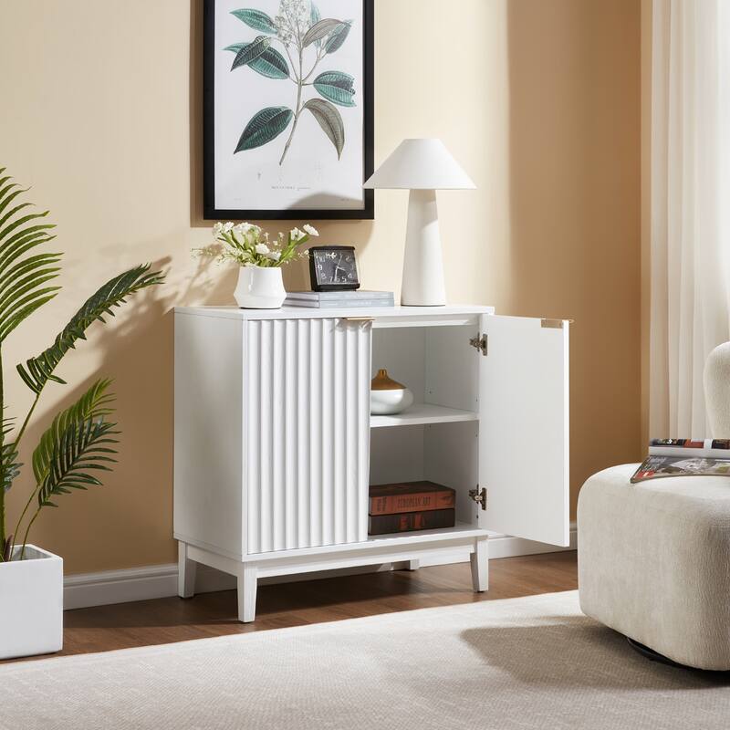 2 Doors Sideboard Buffet Cabinet, Fluted Storage Cabinet, Wood Accent Table with Adjustable Shelves, Console Table - White