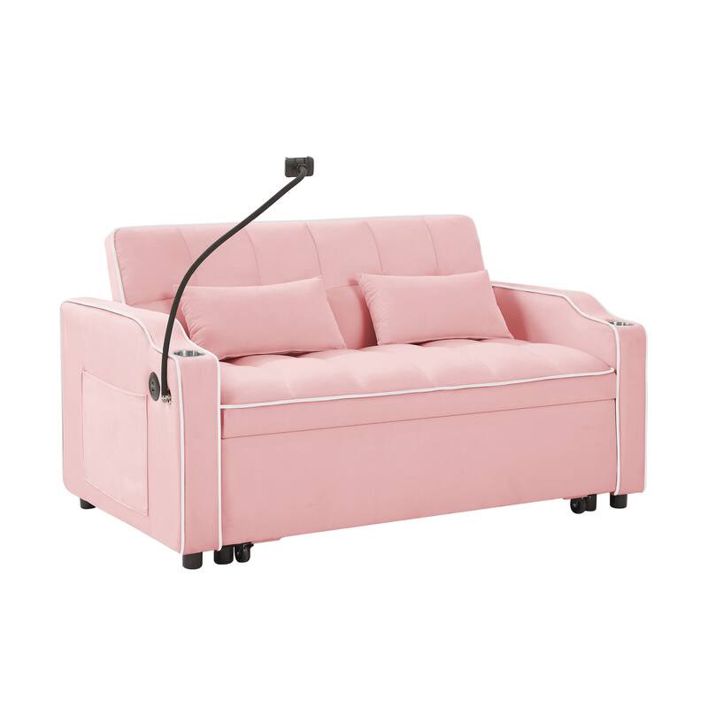 Versatile Foldable Sofa Bed in Pink, Solid Wood+MDF+Resin, Adjustable Back, USB Port, Phone Stand