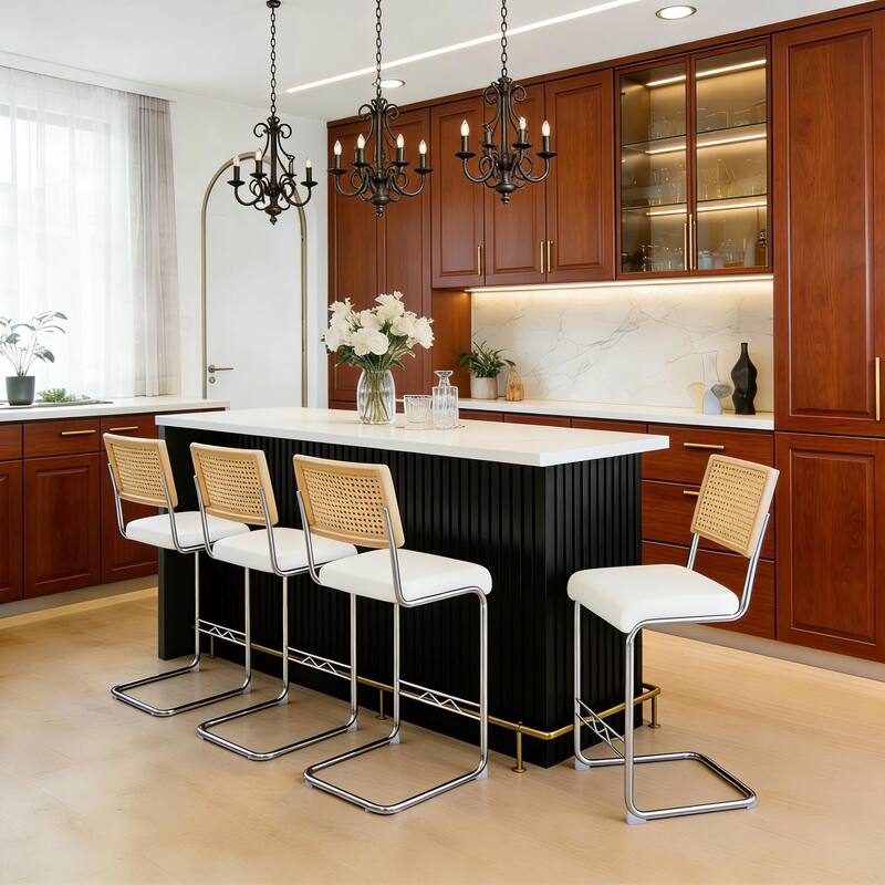 Natural Rattan & Solid Wood Bar Stool Set of 4 - 25" Medieval Modern Style with PU Seat & Chrome Legs