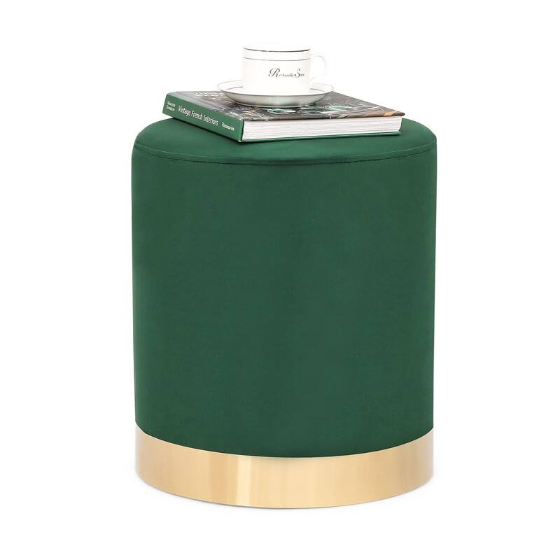 Adeco Round Ottoman Footstool Velvet Padded Vanity Stool Gold Trim