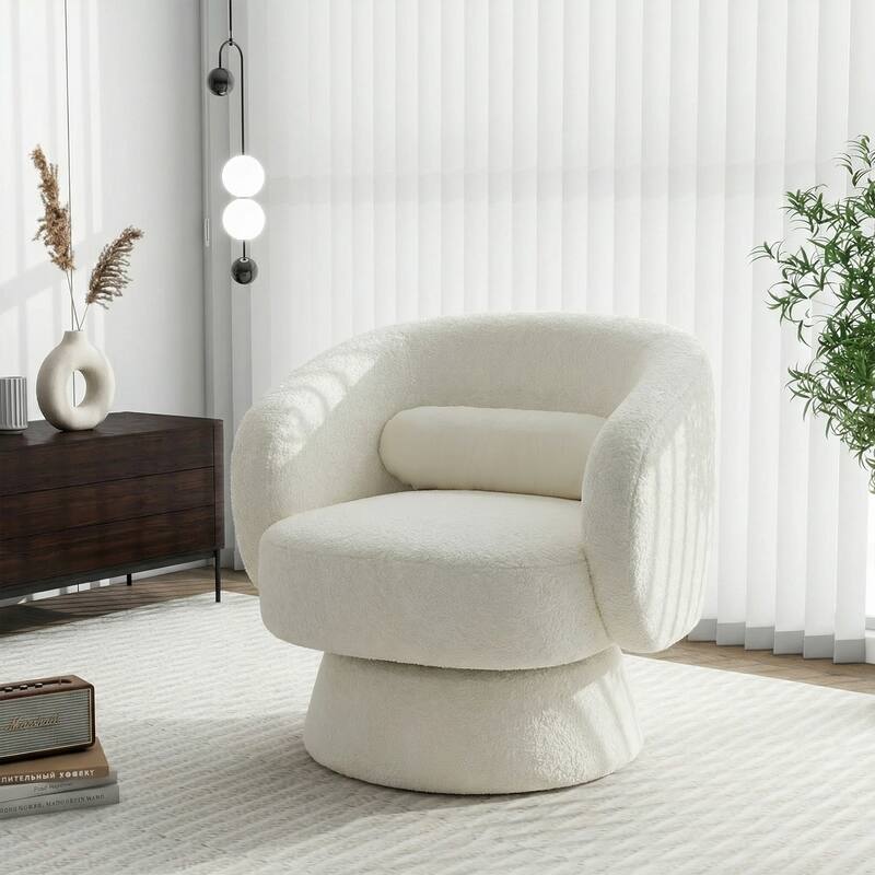 360° Swivel Accent Chair, Round Barrel Upholstered Armchair with Lumbar Cushion