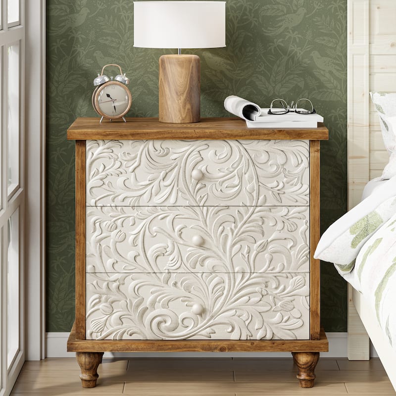 COZAYH 3 Drawer Farmhouse Nightstand with Embossed Weathered Flower Motif, Vintage Dresser, Boho - White&Natural