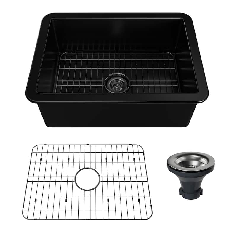 CASAINC Undermount Single Bowl Fireclay Kitchen Sink with Bottom Grid and Strainer, cUPC Certified