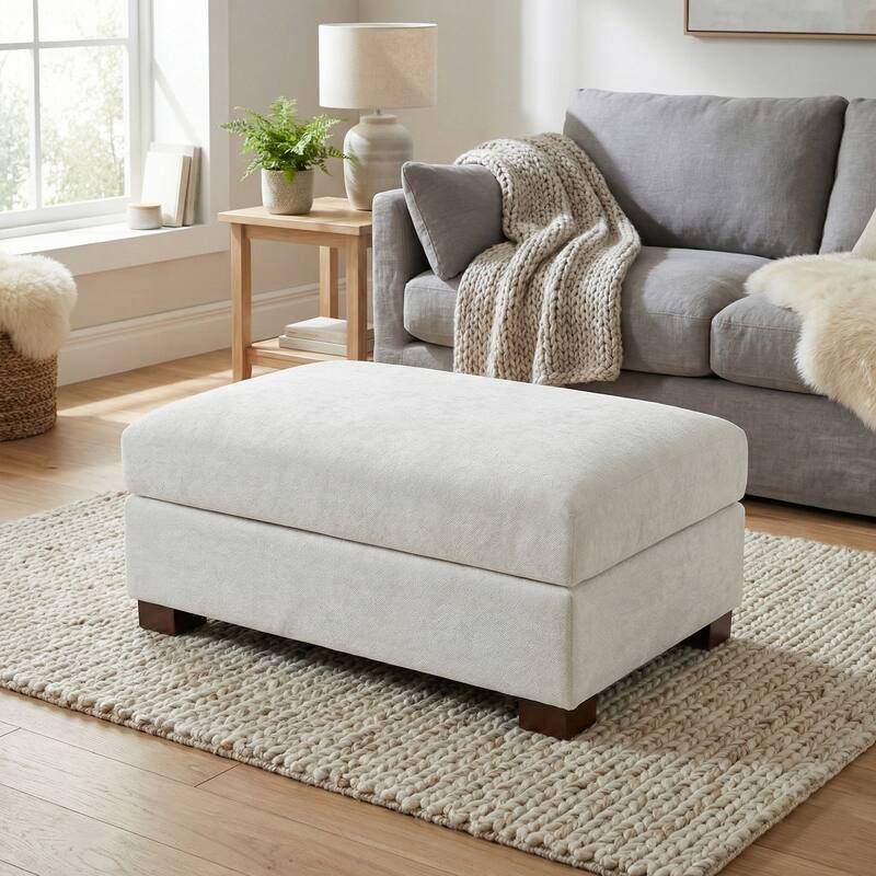 Oversized Chenille Modular Ottoman With Cushioned Top - Off-White - Single