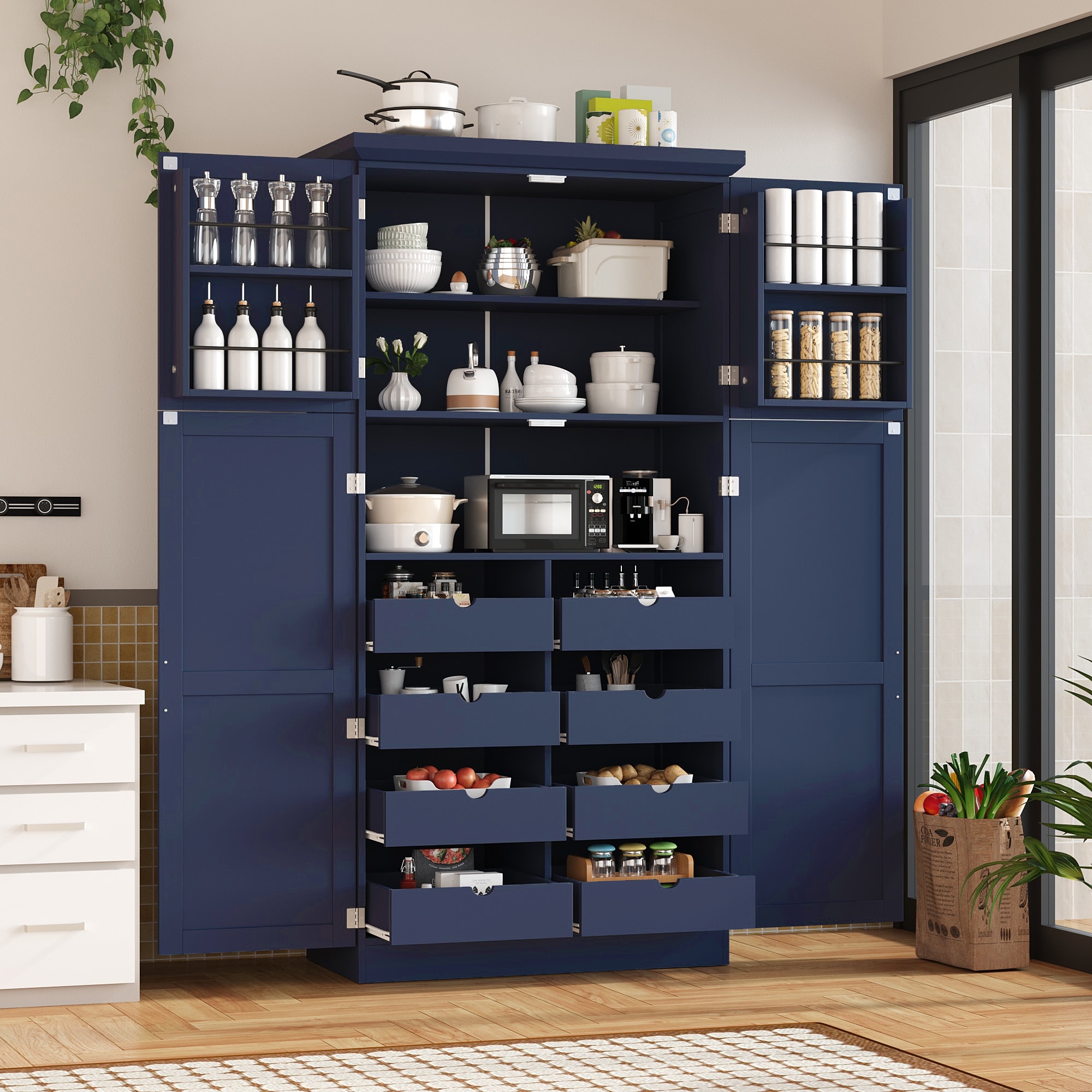 70.9 inch Freestanding Kitchen Cabinet, Tall Storage Cabinet with 4 Doors, 2 Door Shelves, 8 Pull-out Trays and Adjustable Shelf
