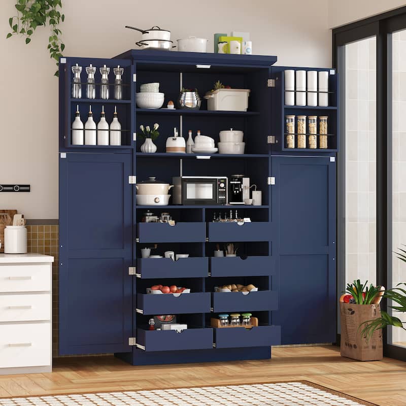 Tall Kitchen Pantry Cabinet with Pull-Out Trays - 35.5" 4-Door Storage Unit, Adjustable Shelves for Dining Room - Blue