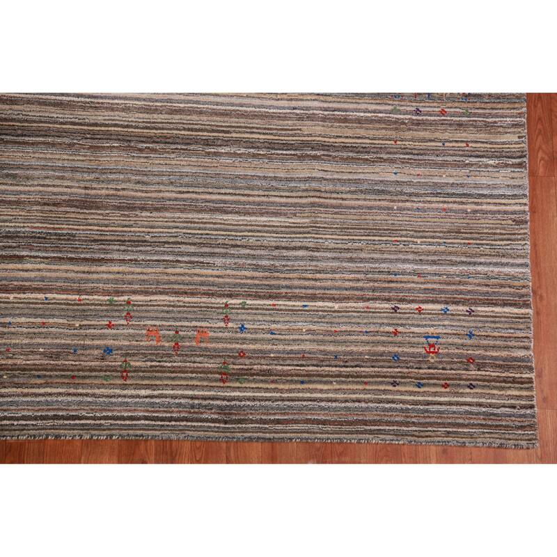Striped Gabbeh Indian Area Rug Handmade Brown Wool Carpet - 8'0" x 9'8"
