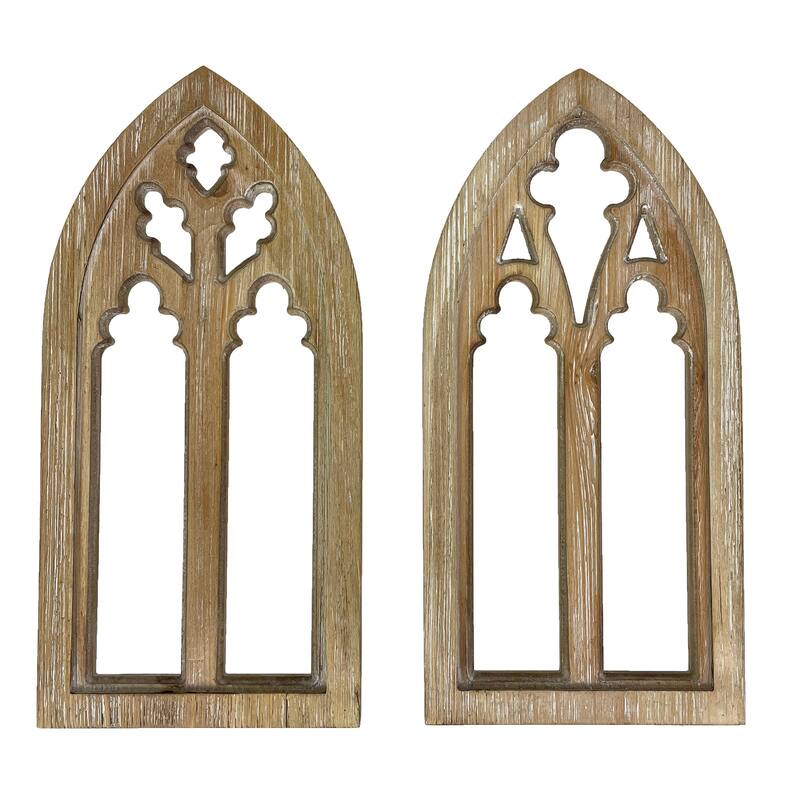 Washed Wood Gothic Arch Window Frame Wall Decor 2 Piece Set - White