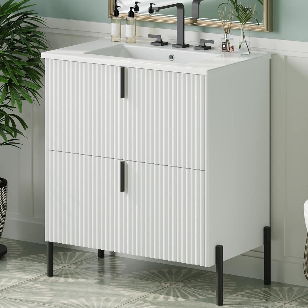 Bathroom Vanity with Ceramic Sink, Freestanding Bathroom Storage Cabinet, Fluted Bathroom Vanity with 2 Full-Extension Drawers