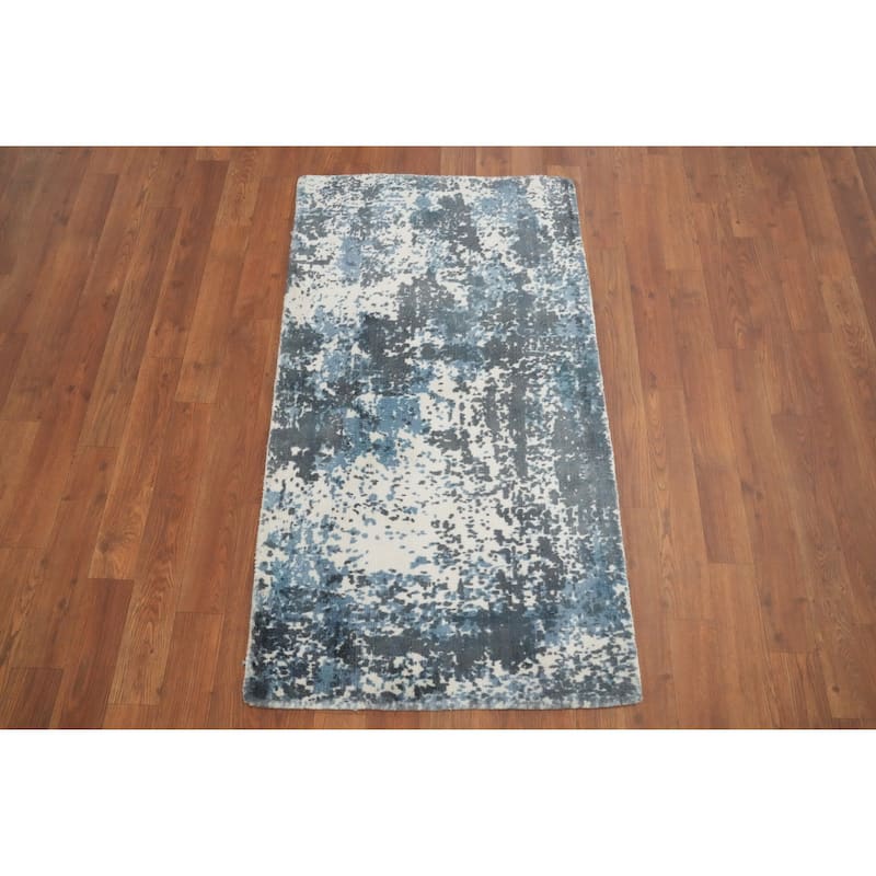 Hand Knotted Oriental Viscose Silk Carpet Modern All-Over Navy Blue & Blues Abstract Area Rug - 3' 9'' X 2' 1''