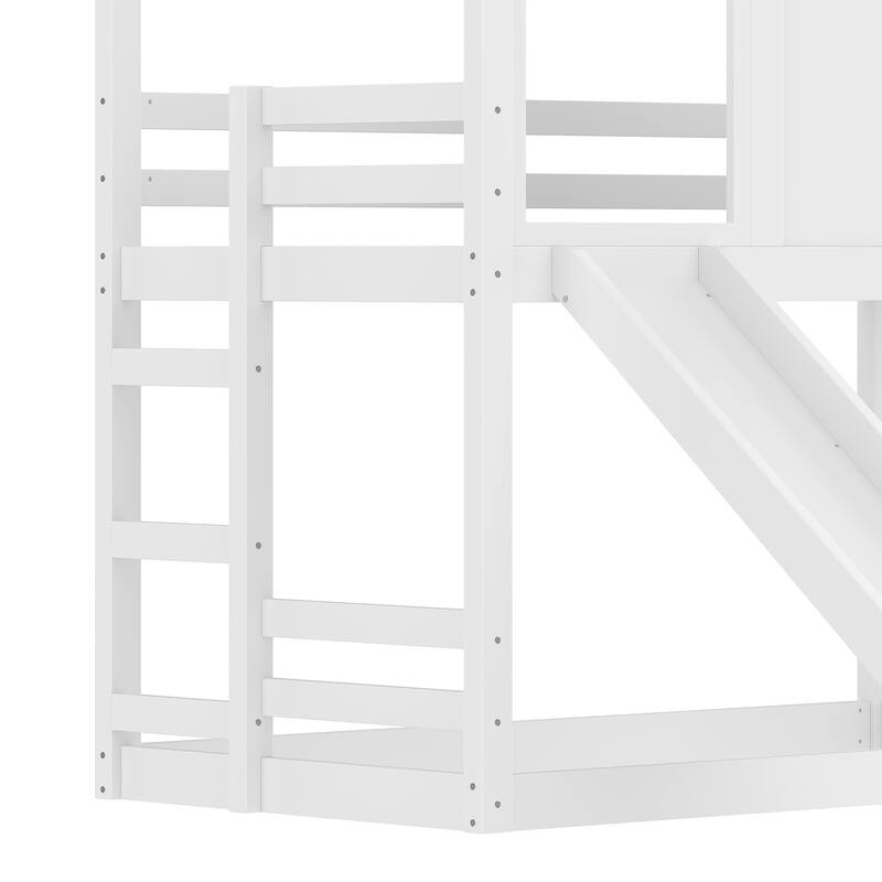 Playful House Bed Kids Twin Over Twin Bunk Bed with Shelf and Slide