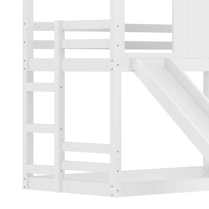 Twin House Bunk Bed with Slide & Storage Shelves - Solid Wood, Childlike Design, Window