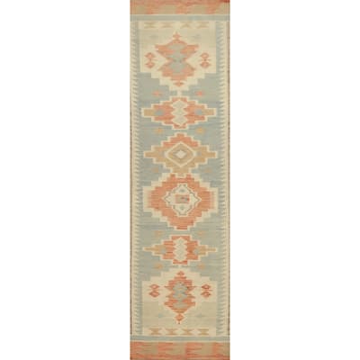 Hand Woven Oriental 100% Wool Carpet Southwestern Tribal Multi-Colored Kilim Runner Rug - 11' 9'' X 2' 8''