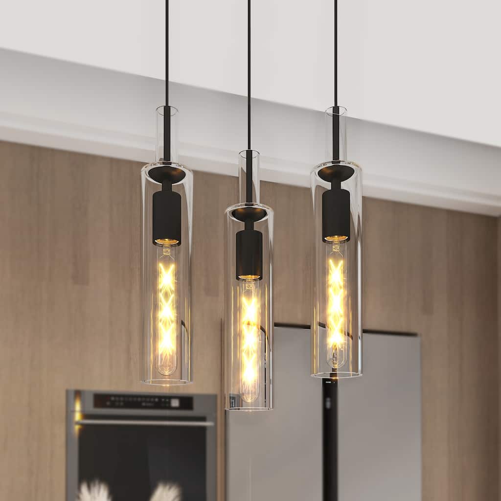 3 Pack Black Pendant Lights Kitchen Island (No Bulbs), Glass Pendant Light Over Island, Industrial Pendant Light Fixtures