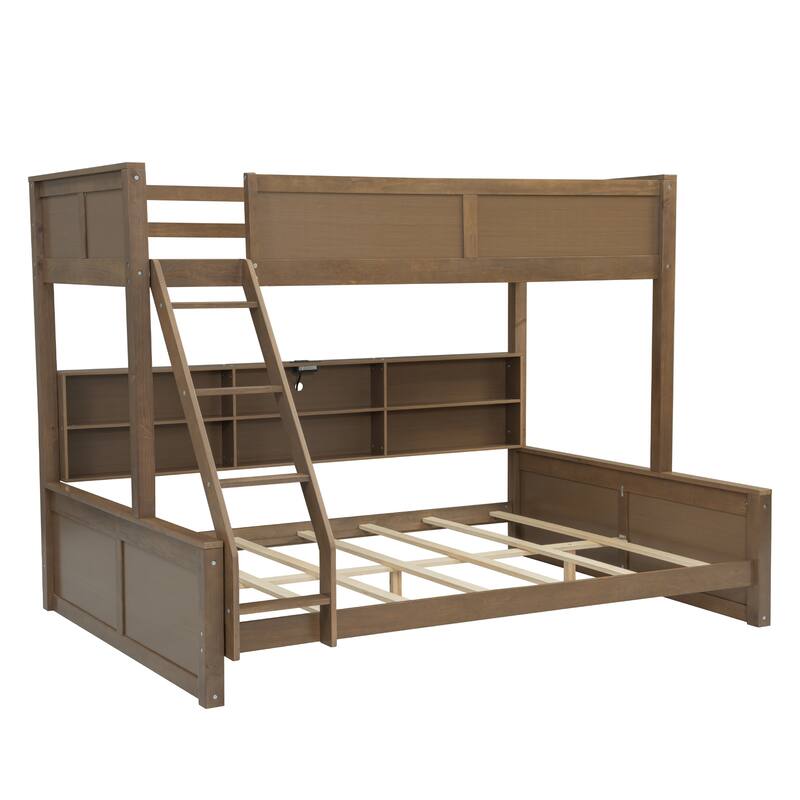 Twin XL over Queen Bunk Bed with Storage Cabinets and USB Ports in Antique Wood Finish